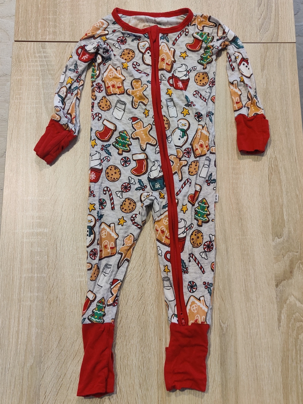 Little Sleepies Holiday Gingerbread Print One Piece PJ- Red Trim Size 6-12 Mo